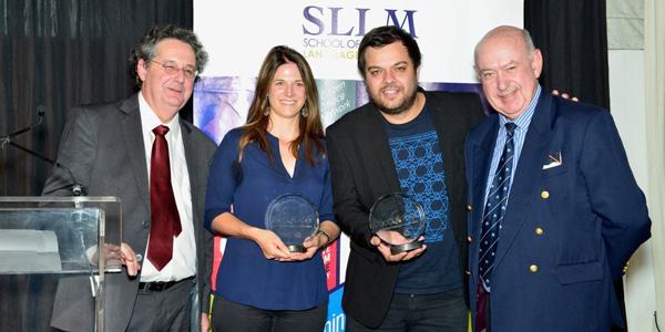 Wits Prof. Anton Harber on left with Taco Kuiper Award winners Susan Comrie and Kyle Cowan with Justice Tom Cloete of The Valley Trust on right